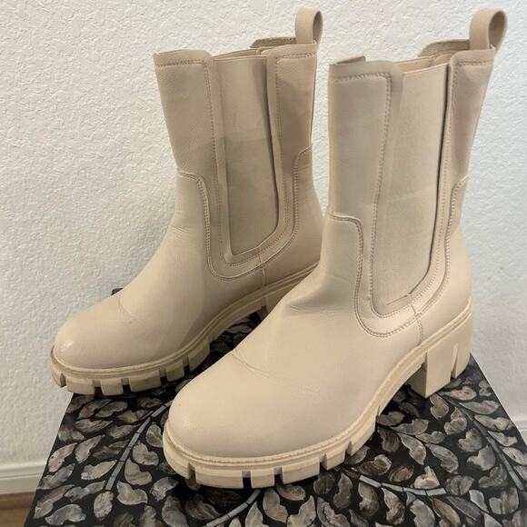 Bone 🦴 Colored Platform Boots Mid Calf Chunky Block Heel Chelsea Cream boots - Picture 4 of 8